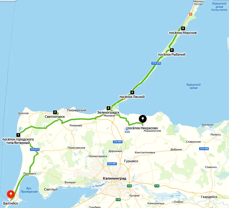Маршрут по Калининградскому побережью, карта Яндекс
